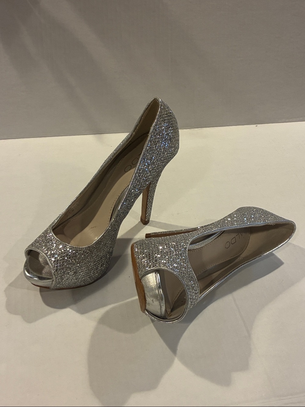 Aldo Silver Peep-Toe Rhinestone 4” Heels New Without Box